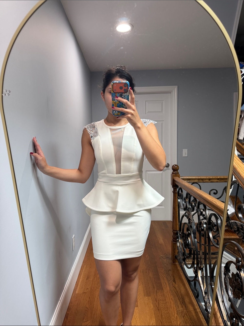 Emerald Sundae White Peplum Mini Dress with Sheer Panel